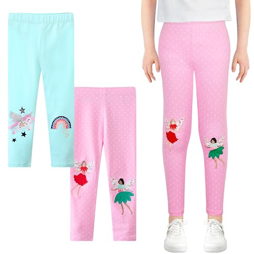 JinBei Mädchen Leggings 2er-Pack Baumwollstoff Lange Hosen High Waist Atmungsaktiver Rosa-Hellblau Sportleggins mit Stickerei Pferde Engel-Muster Kinder Sporthose Aktivkleidung, GR. 98-104 von JinBei