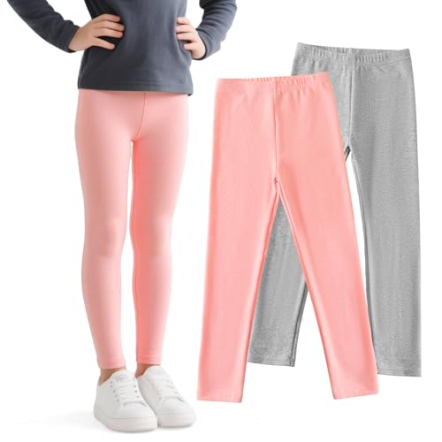 JinBei Mädchen Leggings Baumwolle Lange Hosen Kinder Elastisch Sporthose Einfarbig Weich Bequem Jogginghose Atmungsaktiver 2er-Pack Grau Rosa Legging für Alltag Tanz Schule, GR. 116-122 von JinBei