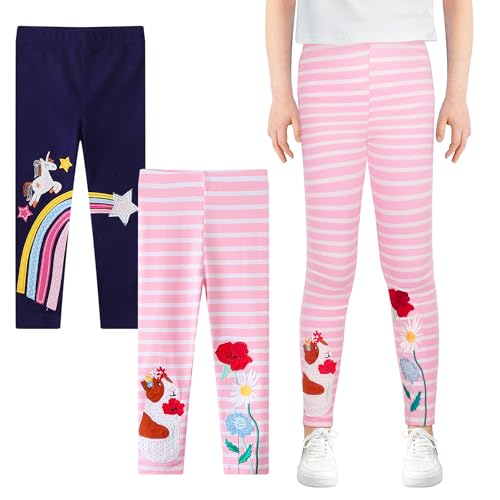JinBei Mädchen Leggings Baumwollstoff Lange Hosen High Waist Atmungsaktiver Rosa-Blau Streifen Regenbogen Stickerei Pferde Muster Kinder Sporthose Aktivkleidung, GR. 104-110, 2er-Pack von JinBei