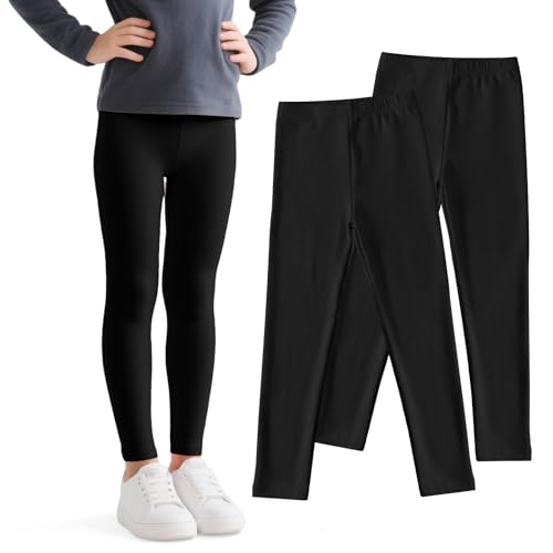 JinBei Mädchen Leggings Kinder Baumwolle Lange Hosen Elastisch Sporthose Einfarbig 2er-Pack Weich Bequem Sportleggings Atmungsaktiver Jogginghose Schwarz Legging für Alltag Tanz Schule, GR. 134-140 von JinBei