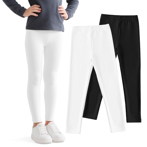 JinBei Mädchen Leggings Kinder Baumwolle Lange Hosen Elastisch Sporthose Einfarbig 2er-Pack Weich Bequem Sportleggings Atmungsaktiver Jogginghose Schwarz Weiß Legging Alltag, GR. 122-128 von JinBei