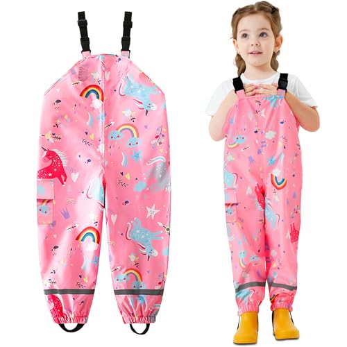 JinBei Mädchen Regenhose wasserdichte Kinder Rosa Winddicht Matschhose Regenbogen Pferd Verstellbaren Riemen Leicht mit Reflektierenden Streifen Tasche Sport Regen Hosen, 6 Jahre, GR.122-128 von JinBei