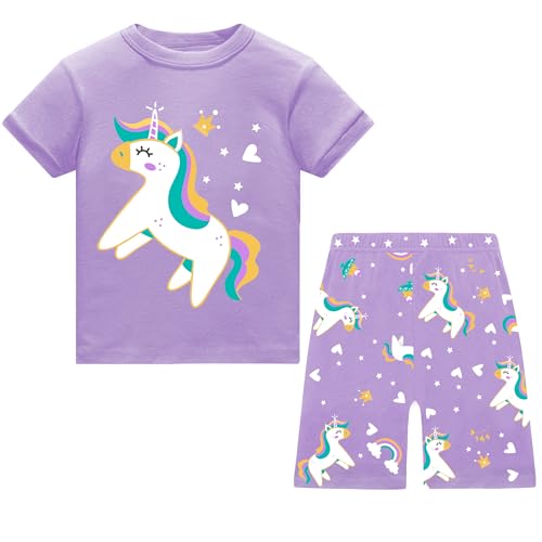 JinBei Mädchen Schlafanzug Kurz Kinder Sommer Baumwolle T-Shirt und Shorts Lila Pferd Tiere Pyjama 2er Set Weich Kurzarm Kurze Hose Nachtwäsche Zweiteiliger Hauskleidung 7-8 Jahre, GR. 122-128 von JinBei