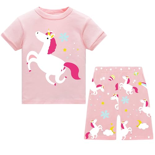 JinBei Mädchen Schlafanzug Kurz Kinder Sommer Baumwolle T-Shirt und Shorts Pink Pferd Tiere Pyjamaset Weich Kurzarm Kurze Hose 2 Teiler Nachtwäsche Zweiteiliger, 5-6 Jahre, GR. 110-116 von JinBei