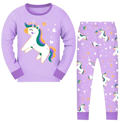 JinBei Mädchen Schlafanzug Langarm Kinder Baumwolle Pyjama Set Bequem Lila Pferd Tiere T-Shirt und Hose Weich Lang Nachtwäsche Zweiteiliger Kleidung Frühling Herbst Winter 5-6 Jahre, GR. 110-116 von JinBei