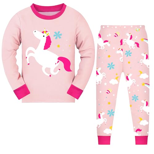 JinBei Mädchen Schlafanzug Langarm Kinder Baumwolle Pyjamaset Bequem Rosa Pferd Tiere Pyjama Set Weich Lang Nachtwäsche Zweiteiliger Hauskleidung Frühling Herbst Winter 4-5 Jahre, GR. 104-110 von JinBei