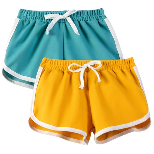 JinBei Mädchen Shorts 2er-Pack Kurze Hose Sommer Casual Athletisch Activewear Shorts Hosen Joggershorts Sporthose Pyjamahosen Kinder Hauskleidung Laufshorts 7-8 Jahre, Blau Gelb von JinBei