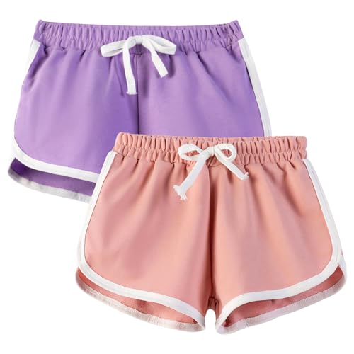 JinBei Mädchen Shorts 2er-Pack Kurze Hose Sommer Casual Athletisch Activewear Shorts Hosen Joggershorts Sporthose Pyjamahosen Strandhosen Kinder Hauskleidung Laufshorts 8-10 Jahre, Rosa Lila von JinBei