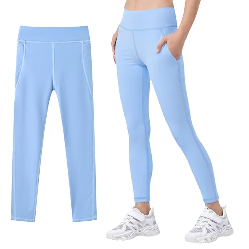 JinBei Mädchen Sportleggings mit 2 Taschen Leggings Hohe Taille Elastisch Sportkleidung Kinder Atmungsaktive Lang Sporthose Gymnastikhose Tanz Jogging Training für 9-10 Jahre, GR. 140-146, Blau von JinBei