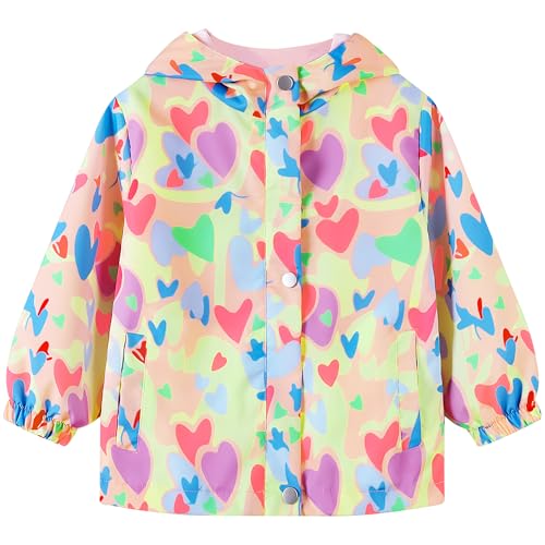 JinBei Mädchen Wasserdicht Jacke Kinder Softshelljacke Rosa Herz Druck Regenjacke Windjacke Übergangsjacke Jacke mit Weichesfütterung Kapuzenjacke Wanderjacke Outdoorjacke für 6 7 Jahre von JinBei