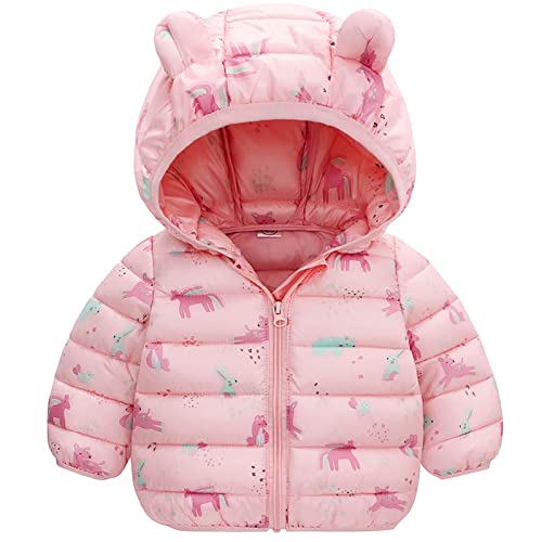 JinBei Mantel für Baby Mädchen, Kinder Winterjacke mit Kapuze Warme Einhorn Rosa Kapuzenjacke, Ultraleicht Gepolstert Herbst Steppjacke Oberbekleidung Wintemantel Alter 2-3 Jahre von JinBei