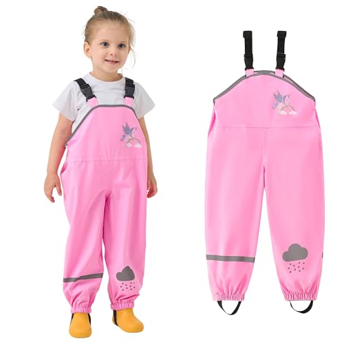 JinBei Matschhose Kinder Regenhose Mädchen wasserdichte Regenlatzhose Verstellbaren Riemen Leicht Buddelhose mit Reflektierenden Streifen Regenbekleidung Hosen Rosa, 7 Jahre, GR.134-140 von JinBei
