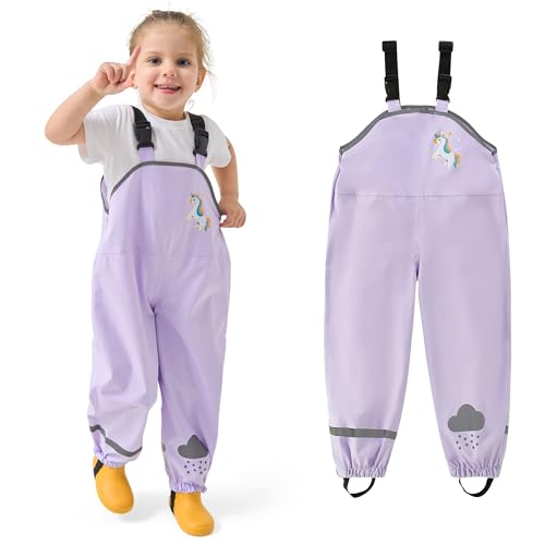 JinBei Matschhose Kinder Regenhose Mädchen wasserdichte Regenlatzhose Verstellbaren Riemen Leicht Buddelhose mit Reflektierenden Streifen Regenbekleidung Hosen Violett, 7 Jahre, GR.134-140 von JinBei