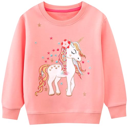 JinBei Pullover Mädchen Sweatshirt Baumwolle Langarmshirt Casual Pullover Tops Rosa Blume Einhorn Frühling Herbst Winter Oberteile 6-7 Jahre, Gr.116-122 von JinBei