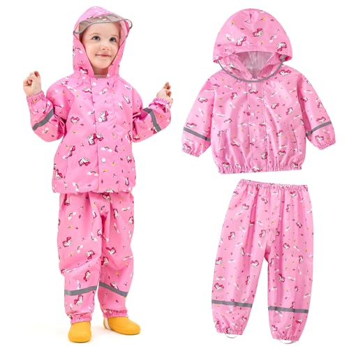 JinBei Regenanzug Kinder, Regenkleidung für Mädchen Leicht Zweiteiliger Anzug mit Reflektor Atmungsaktiv Regenjacke und Regenhose Transparenter Krempe Regenset Matschanzug Rosa 5-6 Jahre von JinBei