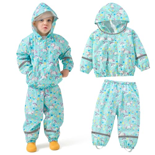 JinBei Regenanzug Kinder, Regenset für Mädchen Jungen Wasserdicht Leicht Regenjacke und Regenhose mit Reflektor Atmungsaktiv Regenkleidung Krempe Zweiteiliger Anzug Unisex Grün 5-6 Jahre von JinBei