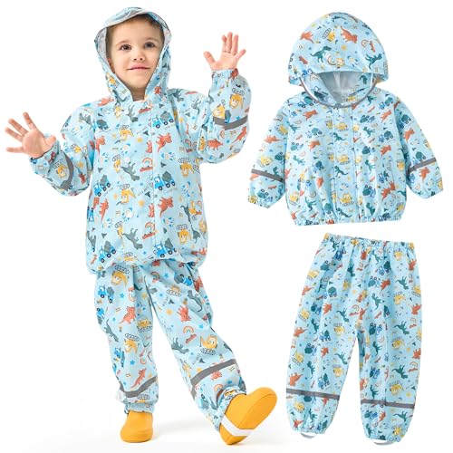 JinBei Regenanzug Kinder Regenjacke und Regenhose Wasserdicht Zweiteiliger Anzug Leicht Regenset Jungen Regenkleidung mit Transparenter Krempe Dinosauriers Digger Muster Blau 5-6 Jahre von JinBei