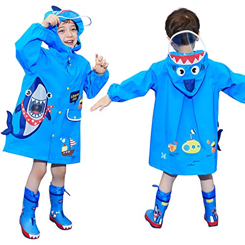 JinBei Regenjacke Junge Regenmantel Kinder mit Kapuze 3D Blau Hai Regen Leicht Regenponcho Regencape Jungs Matschanzug Regenanzug Cartoon Regenbekleidung Reflektierender Streifen Geschenk 3-4 Jahre von JinBei