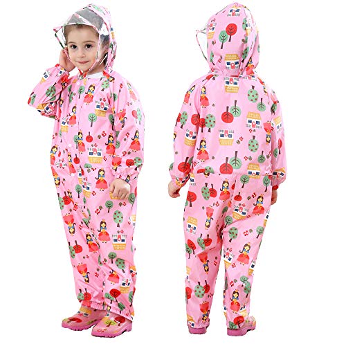 JinBei Regenjacken Kinder Regenmantel Mädchen Kapuze Atmungsaktiv Rosa Cartoons Wasserdicht Leicht Regenanzug Einteilig Outdoor Regenponcho Overall Wandern Matschanzug Softshelljacke 3-5 Jahre von JinBei