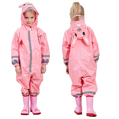JinBei Mädchen Regenmantel Kinder Wasserdicht Regenjacken Outdoor Rosa Hase Muster Regenanzug Kapuze Atmungsaktiv Matschanzug im Freien Tasche Wandern Gefüttert Overall Regen Softshelljacke 5-7 Jahre von JinBei
