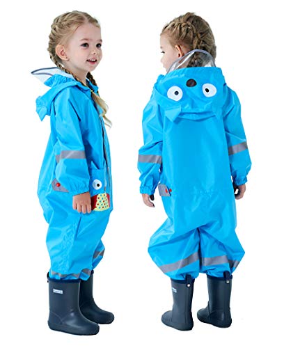 JinBei Regenmantel Kinder mit Kapuze Baby Junge Regenjacken Overall Blau Eulen Regenanzug Atmungsaktiv Matschanzug Leicht Regenfestes Jungen Regencape Regenkleidung Reflektierenden Streifen 2-3 Jahre von JinBei