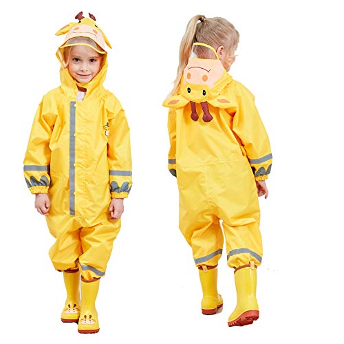 JinBei Matschanzüge Mädchen, Kinder Regenmantel Regenanzug für ein Kind Regenjacke mit Kapuze Gefüttert Tasche Set Regen Overall Wasserdicht Atmungsaktiv Matschanzüge 3-5 Jahre, Gelb Hirsch Muster von JinBei