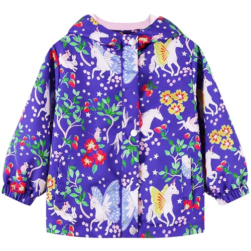 JinBei Softshelljacke Mädchen Kinder Wasserdicht Regenjacke Windjacke Übergangsjacke Jacke mit Weichesfütterung Kapuzenjacke Wanderjacke Outdoorjacke für 7 8 Jahre, Blau Pferd Blumen Muster von JinBei