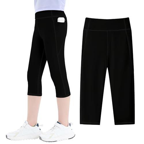 JinBei Sport Leggings Mädchen Capri 3/4 Sporthose mit Handytasche Hohe Taille Kinder Yogaleggings Trainingshose Knielang Jogginghose Elastisch Schwarz Legging für Fitness Gym Tanz, GR.146-152 von JinBei