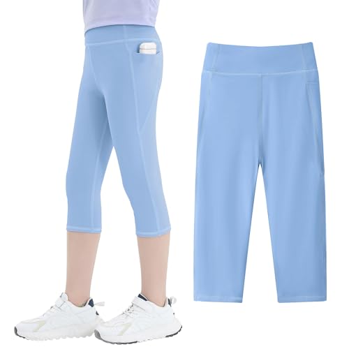 JinBei Sport Leggings Mädchen Capri 3/4 Sporthose mit Taschen Hohe Taille Kinder Yogaleggings Trainingshose Knielang Jogginghose Elastisch Einfarbig Legging für Fitness Gym Tanz, GR.140-146 von JinBei
