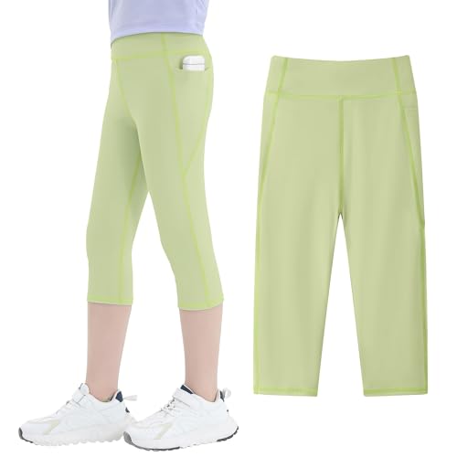 JinBei Sport Leggings Mädchen Capri 3/4 Sporthose mit Taschen Hohe Taille Kinder Yogaleggings Trainingshose Knielang Jogginghose Elastisch Grün Legging für Fitness Gym Tanz, GR.140-146 von JinBei