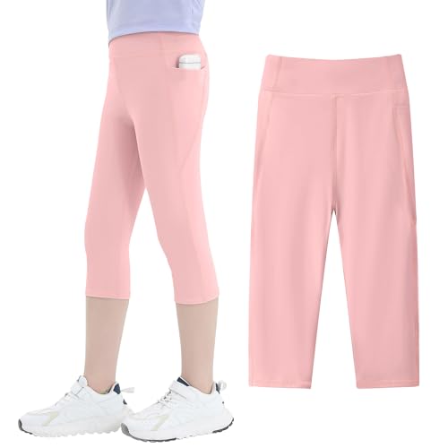 JinBei Sportleggings Mädchen Capri 3/4 Sporthose mit Handytasche Hohe Taille Kinder Yogaleggings Trainingshose Knielang Jogginghose Elastisch Einfarbig Legging für Fitness Gym Tanz, GR.146-152 von JinBei