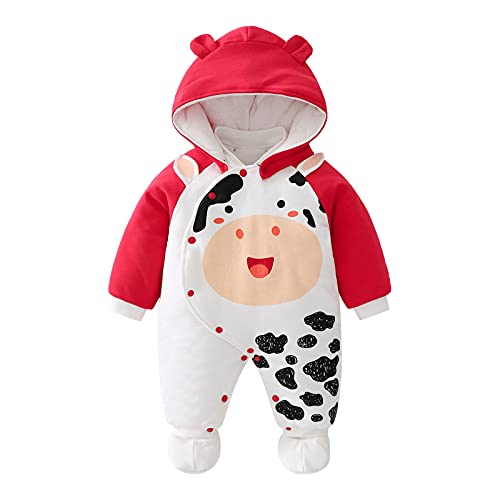 JinBei Strampler Baby Winter Neugeborenes Mädchen Jungen Langarm Rot Kühe Schlafanzug Baumwolle mit Kapuze Footies Overalls Säugling Spielanzug Unisex Baby-Nachtwäsche 0-3 Monate von JinBei