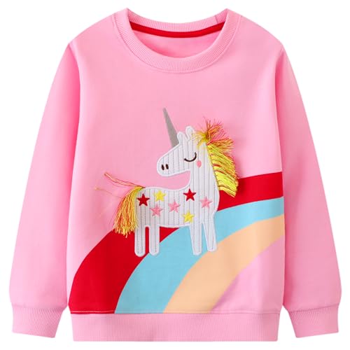 JinBei Sweatshirt für Mädchen Kinder Pullover Baumwolle Top Casual Jumper Rosa Regenbogen-Einhorn Pferd Druck Langarmshirt 4-5 Jahre, Gr.104-110 von JinBei