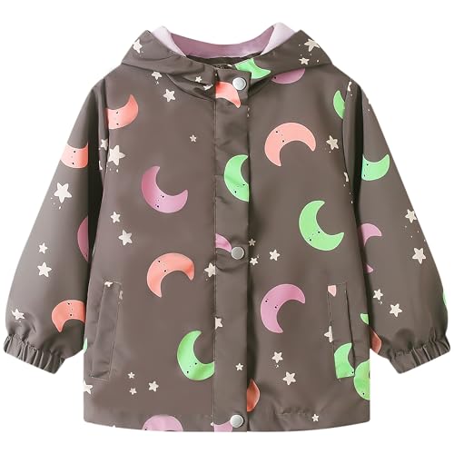 JinBei Wasserdicht Softshelljacke Mädchen Kinder Regenjacke Windjacke Übergangsjacke Jacke mit Weichesfütterung Kapuzenjacke Wanderjacke Outdoorjacke für 9 10 Jahre, Grey Moon Sterne von JinBei