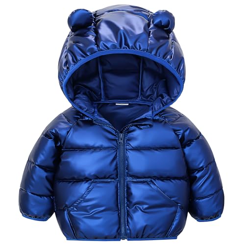 JinBei Winter Mantel Kinder Winterjacke Jungen Blau Steppjacke Winddicht Kinderjacke mit Kapuze Kleinkind Warme Einfarbig Ultraleicht Wintermantel Jacket mit Taschen, GR.98-104 von JinBei