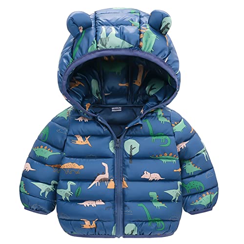 JinBei Winterjacke für Baby Jungen, Kinder Mantel mit Kapuze Warme Dinosaurier Blau Kapuzenjacke, Kleinkind Ultraleicht Gepolstert Herbst Steppjacke Oberbekleidung Wintemantel Alter 1-2 Jahre von JinBei