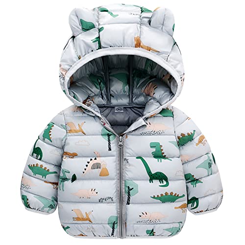 JinBei Winterjacke für Baby Jungen, Kinder Mantel mit Kapuze Warme Dinosaurier Grau Kapuzenjacke, Kleinkind Ultraleicht Gepolstert Herbst Steppjacke Oberbekleidung Wintemantel Alter 2-3 Jahre von JinBei