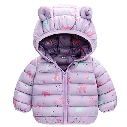 JinBei Winterjacke für Baby Mädchen, Kinder Mantel mit Kapuze Warme Einhorn Lila Kapuzenjacke, Kleinkind Ultraleicht Gepolstert Herbst Steppjacke Oberbekleidung Wintemantel Alter 2-3 Jahre von JinBei