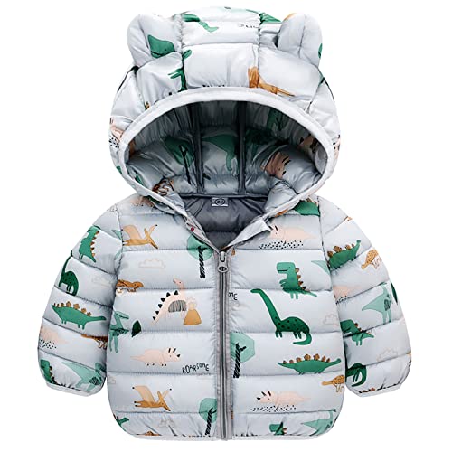 JinBei Winterjacke für Jungen, Kinder Mantel mit Kapuze Warme Dinosaurier Grau Kapuzenjacke, Ultraleicht Gepolstert Herbst Steppjacke Oberbekleidung Wintemantel Alter 3-4 Jahre von JinBei