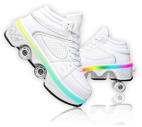 JinFugron Schuhe mit Rollen Rollschuhe Jungen Mädchen Skateboard Schuhe mit LED Blinkend 4-Rad Automatisch Einziehbar Komfort Outdoor Sportschuhe für Kinde Und Erwachsene von JinFugron