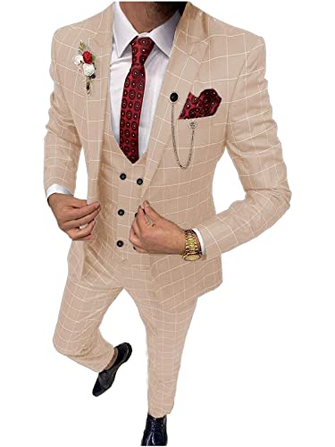 JinXuanYa Herren Anzug 3 Teilig Kariert Slim Fit Klassisch Gebrochen Steigendes Revers Sakko für Business Freizeit Hochzeit Trauzeugen(Anzugjacken+Anzughosen+Westen) Beige-S von JinXuanYa