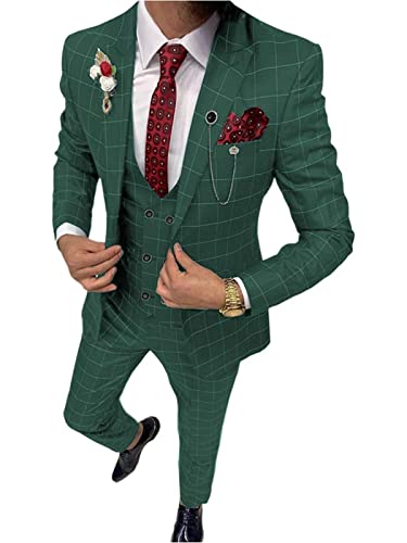 JinXuanYa Herren Anzug 3 Teilig Kariert Slim Fit Klassisch Gebrochen Steigendes Revers Sakko für Business Freizeit Hochzeit Trauzeugen(Anzugjacken+Anzughosen+Westen) Hunt Green-L von JinXuanYa