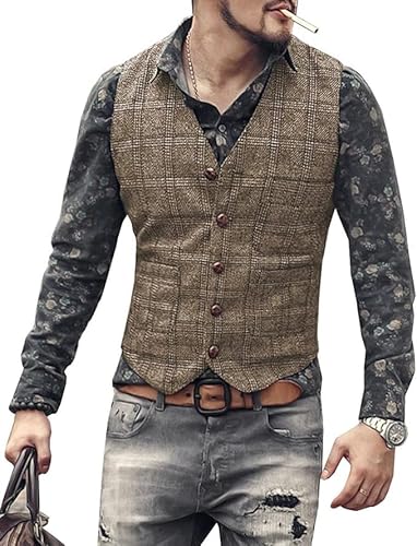 JinXuanYa Tweed Vest Men's Herringbone Checked Vintage Formal Suit Vest V-Neck Sleeveless Slim Fit for Business Festival von JinXuanYa