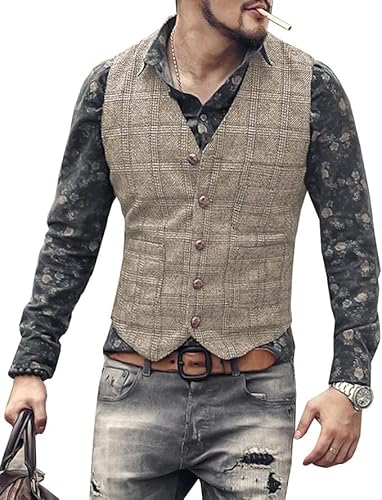 JinXuanYa Tweed Vest Men's Herringbone Checked Vintage Formal Suit Vest V-Neck Sleeveless Slim Fit for Business Festival von JinXuanYa