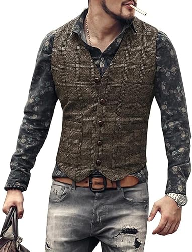 JinXuanYa Tweed Vest Men's Herringbone Checked Vintage Formal Suit Vest V-Neck Sleeveless Slim Fit for Business Festival von JinXuanYa