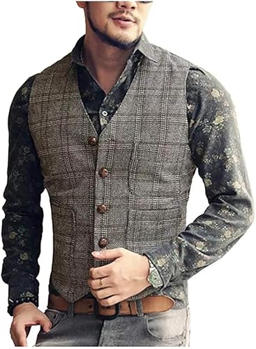 JinXuanYa Tweed Weste Herren Fischgrät Silber Kariert Vintage Formal Anzugweste V-Ausschnitt Ärmellose Slim Fit für Business Festival-M von JinXuanYa