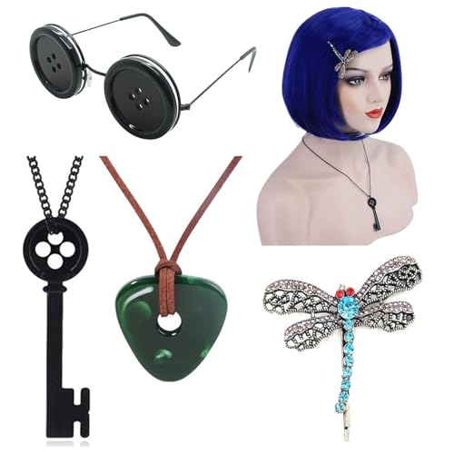 JinYu Blaue Perücken mit Bangs Knopf Augen Brille für Frauen Kurze Bob Perücke Cosplay Kostüm Halloween (set1) von JinYu