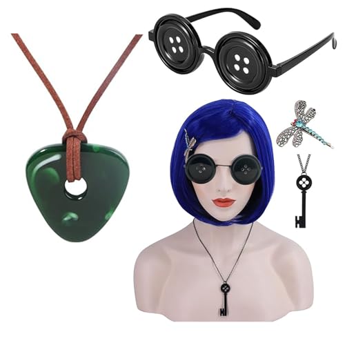 JinYu Blaue Perücken mit Bangs Knopf Augen Brille für Frauen Kurze Bob Perücke Cosplay Kostüm Halloween (set2) von JinYu