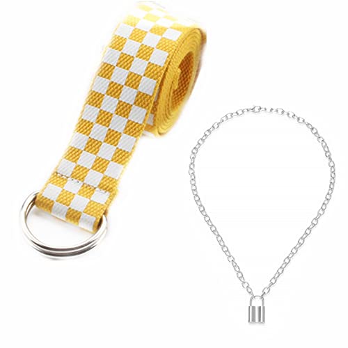 JinYu Damen-Schachbrett Gürtel und Verschlusskette, Leinen Gürtel mit lässigem Herren- und Damen-Schachbrett-Leinwand-D-Ring-Gürtel, Plaid-Taillengurt -135 cm (Yellow) von JinYu