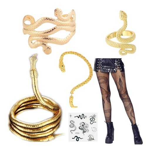 JinYu Gold Schlange Schmuck Set Schlange Ring Einstellbare Schlange Choker Gold Schlange Armband Schlange Temporäre Tattoos Schwarze Netzstrumpfhosen Strümpfe mit Schlangenmuster von JinYu